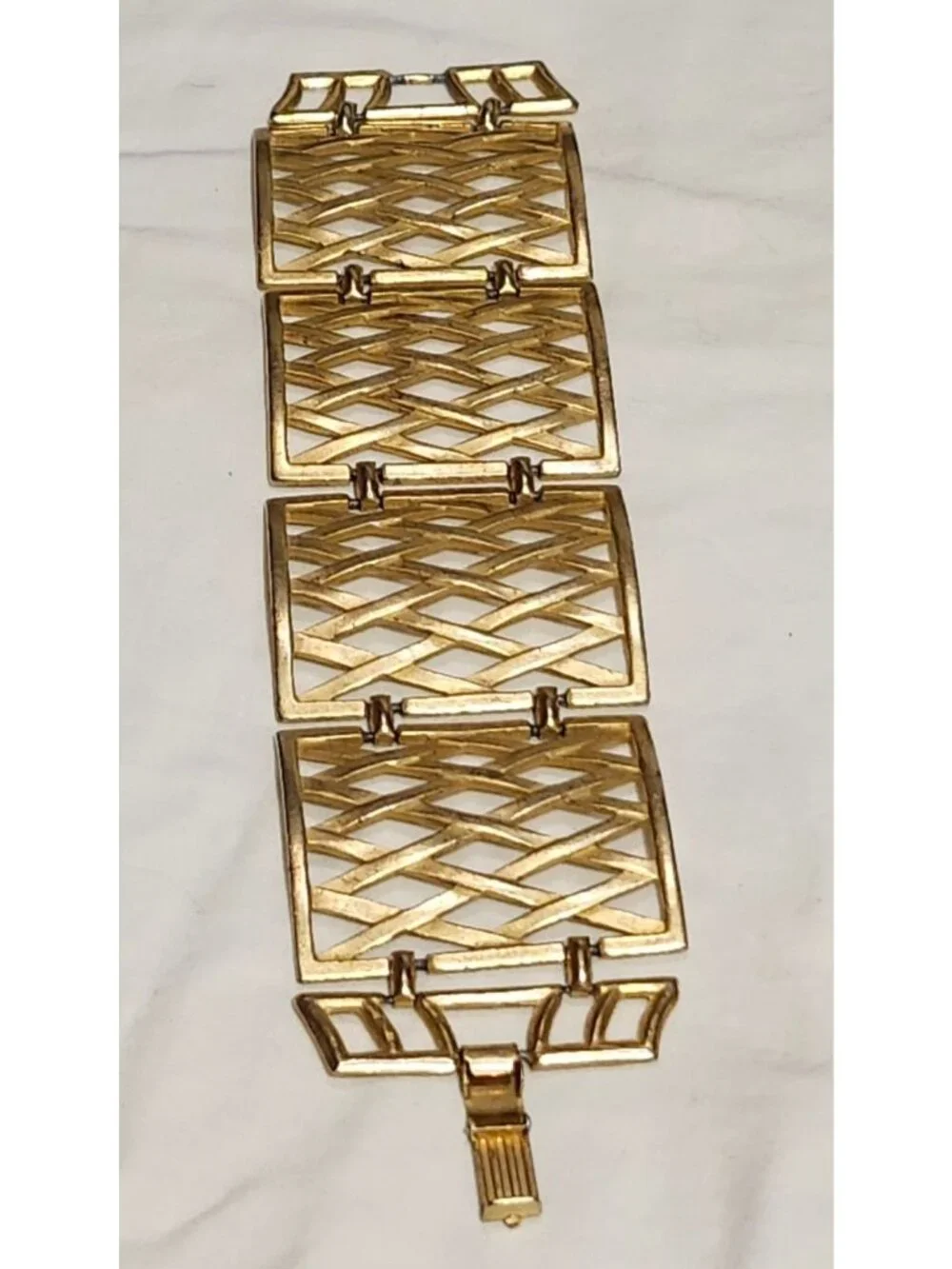 Vintage Gold-Tone Wide Link Bracelet Lattice Design